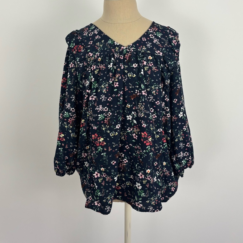 Periwinkle Blouse Navy Floral Ruffles Pullover L